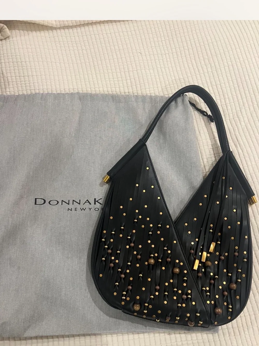 Donna Karan Black Hobo with Gold and Brown Bead Details